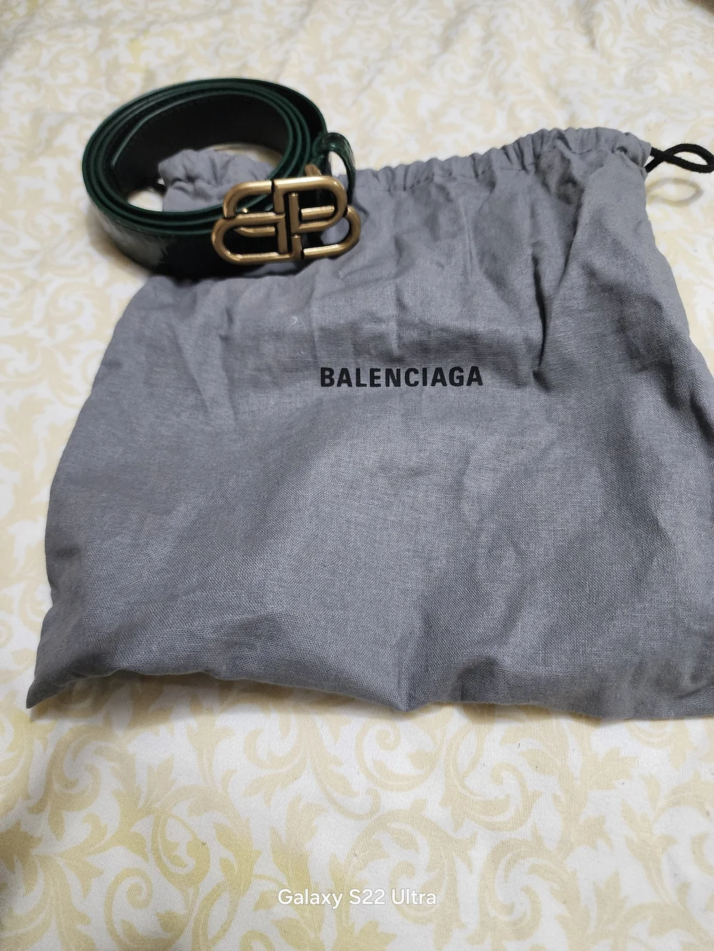 Balenciaga Black Leather Belt with Dark Green Croc-Accent and Gold Buckle